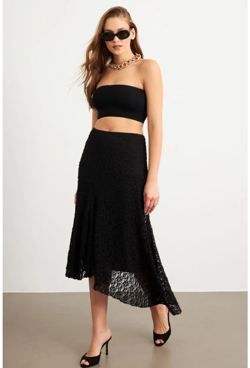 Kadın Siyah Asimetrik Dantel Midi Etek ZH357