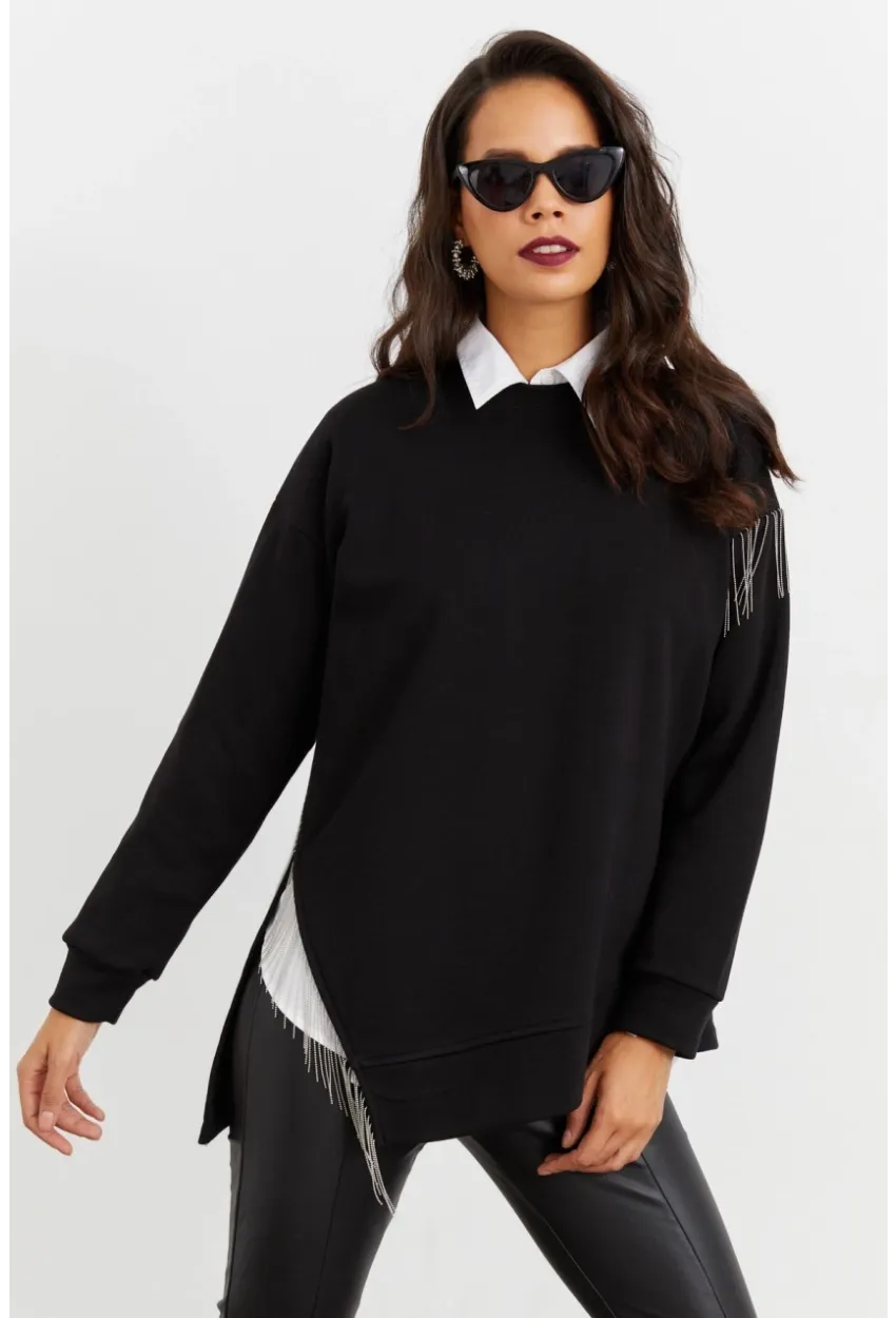 Kadın Siyah Asimetrik Sweatshirt BK1526