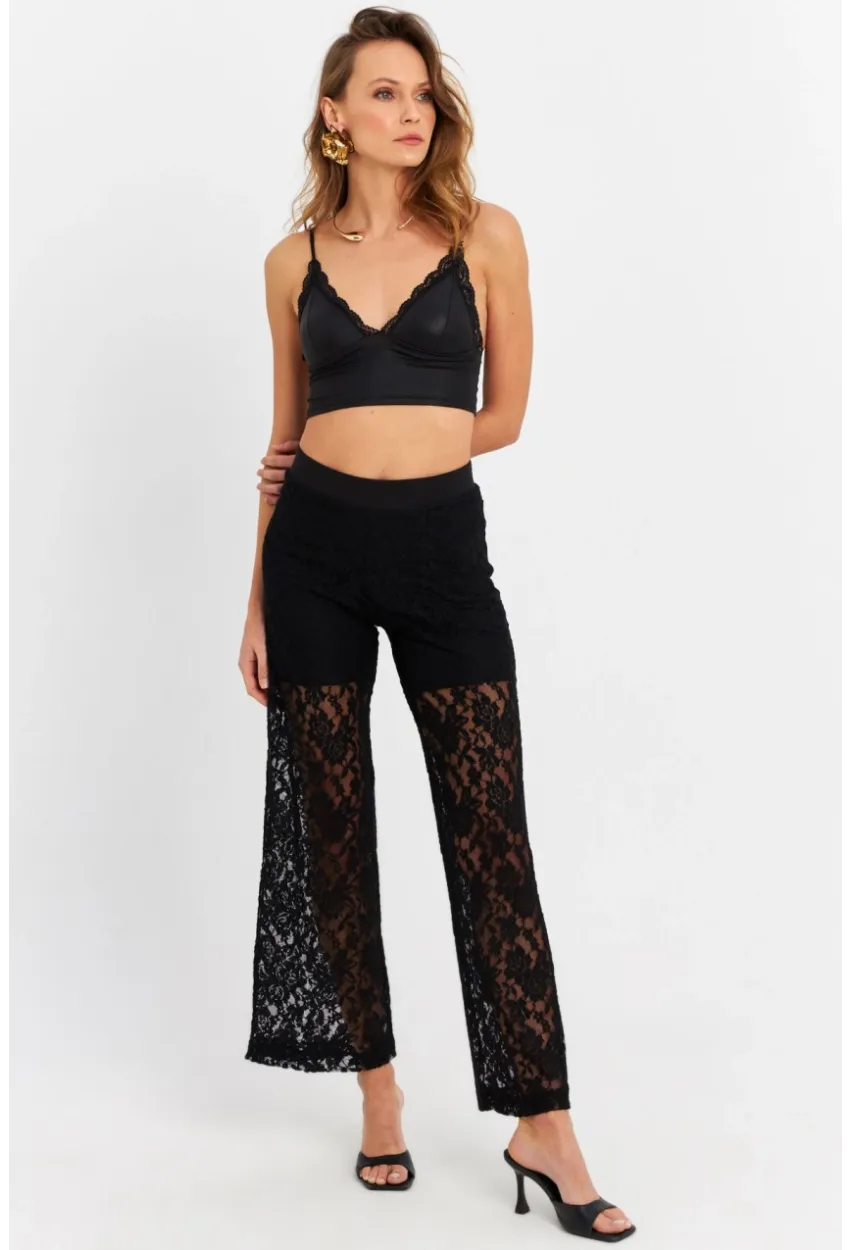 Kadın Siyah Astarlı Dantel Pantolon FLS04