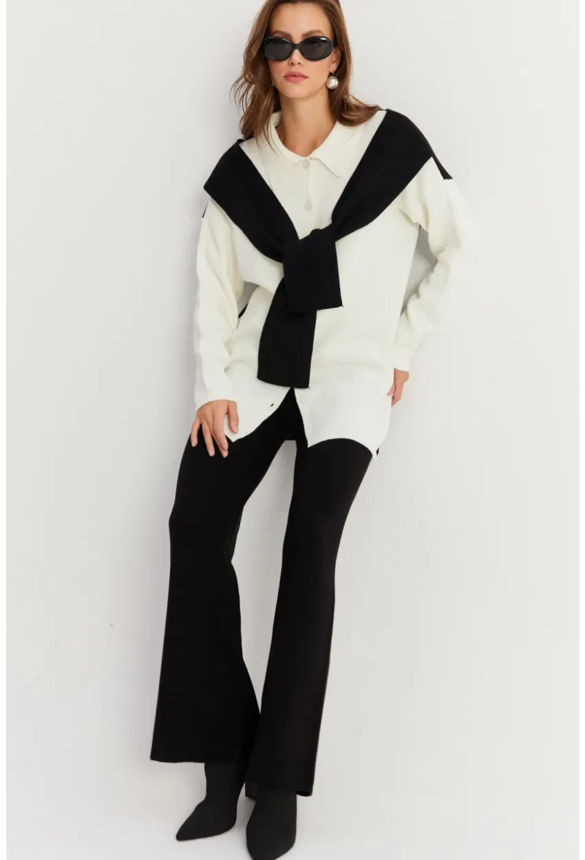 Kadın Siyah Atkılı Triko Hırka Alt Üst Takım NUV20