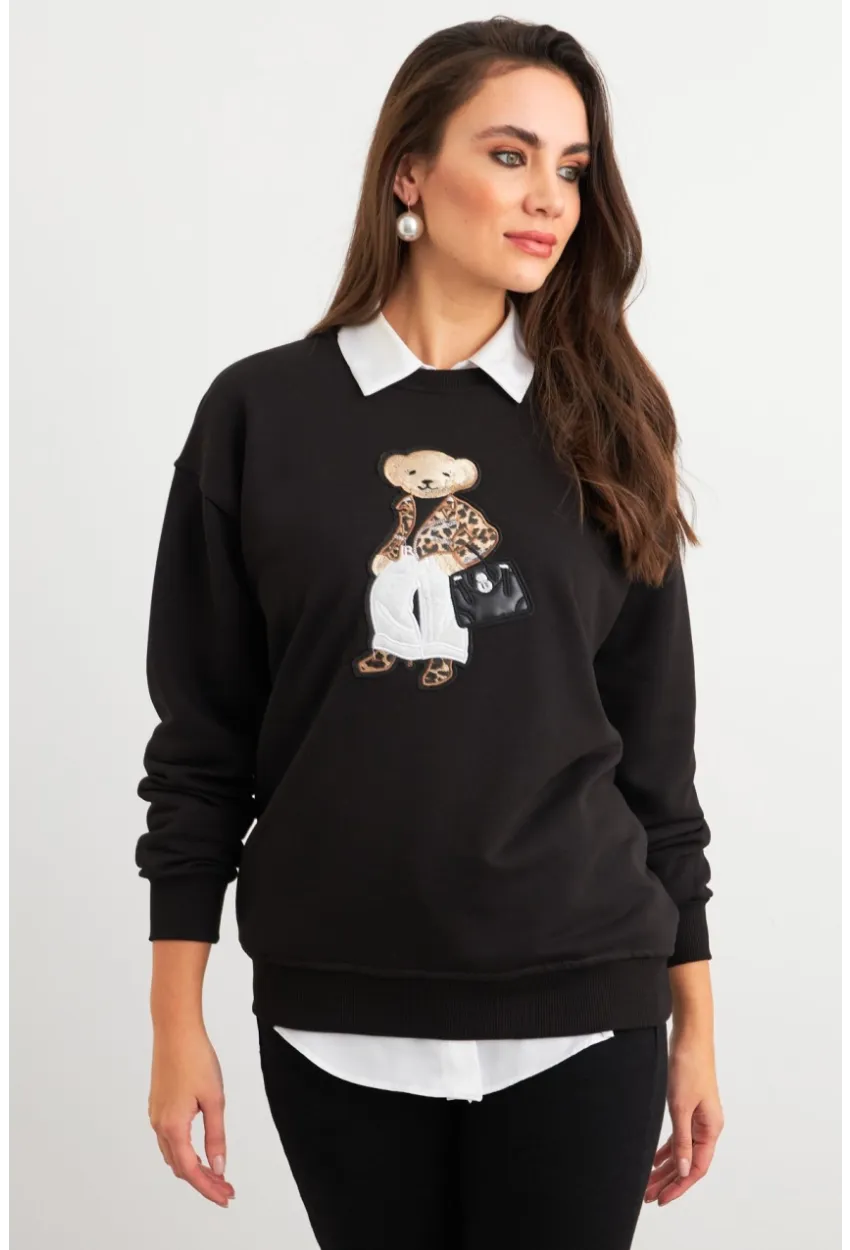 Kadın Siyah Ayıcık Nakışlı Sweatshirt PKA1590