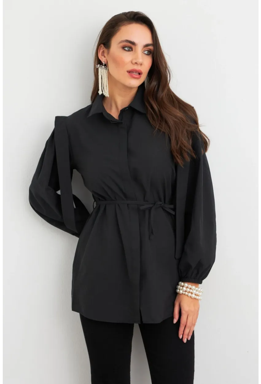 Kadın Siyah Bağlama Detaylı Basic Gömlek MASF185