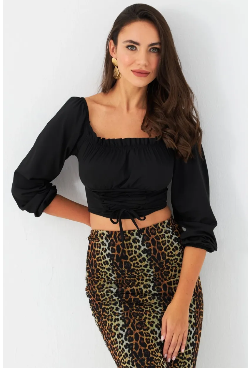 Kadın Siyah Bağlama Detaylı Crop Bluz CG387