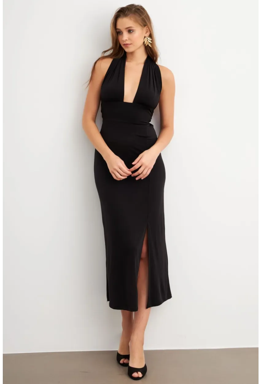 Kadın Siyah Bağlamalı Sırt Dekolteli Maxi Elbise UG2003