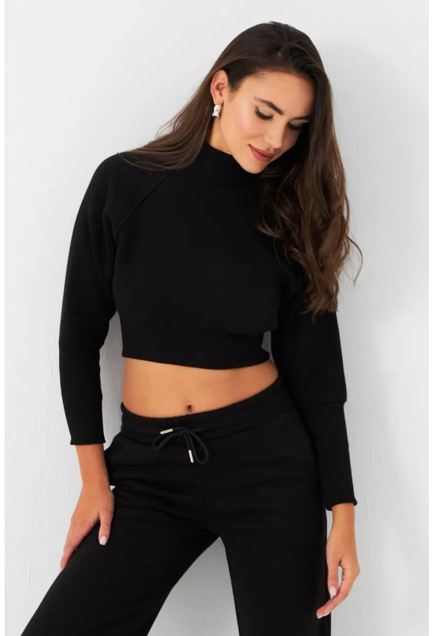 Kadın Siyah Balıkçı Crop Sweatshirt DY1469