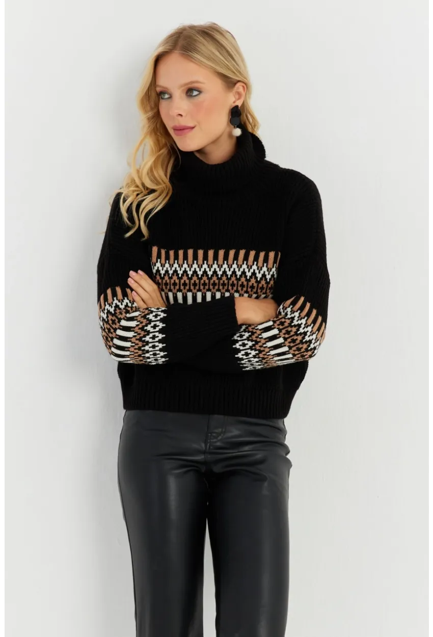 Kadın Siyah Balıkçı Triko Kazak YZ527