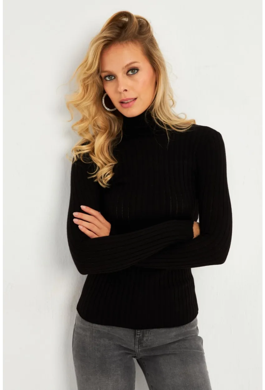 Kadın Siyah Balıkçı Yaka Eldivenli Triko Bluz HNT03