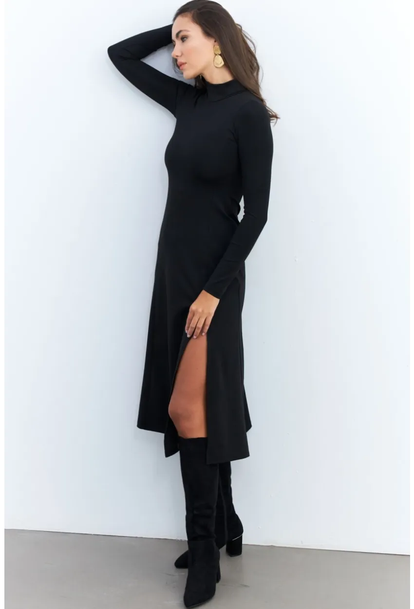 Kadın Siyah Balıkçı Yaka Midi Elbise HOR15