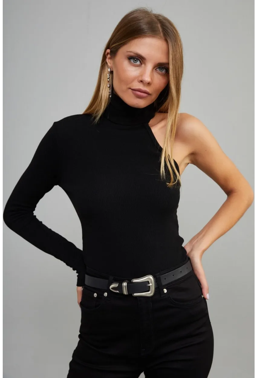 Kadın Siyah Balıkçı Yaka Tek Kol Kaşkorse Bluz EY1118