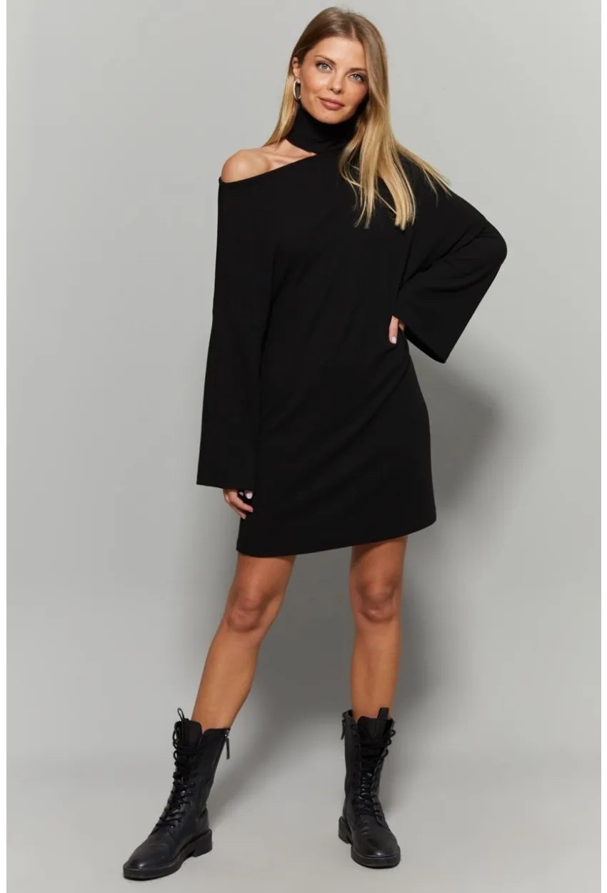 Kadın Siyah Balıkçı Yaka Tek Omuz Elbise Yİ1990