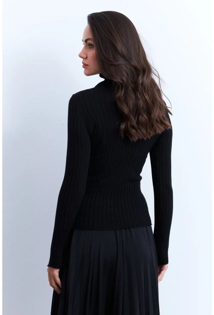 Kadın Siyah Balıkçı Yaka Triko Bluz MYV102-90