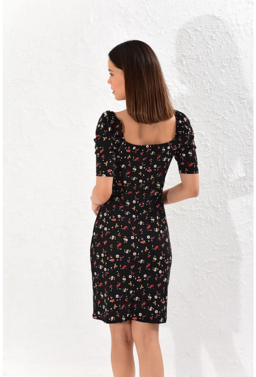 Kadın Siyah Balon Kol Kare Yaka Elbise Yİ1809