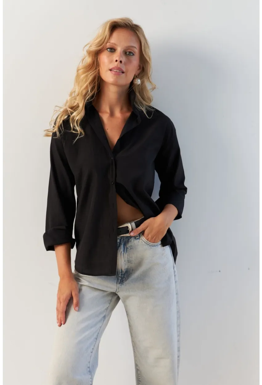 Kadın Siyah Basic Gömlek HNT02