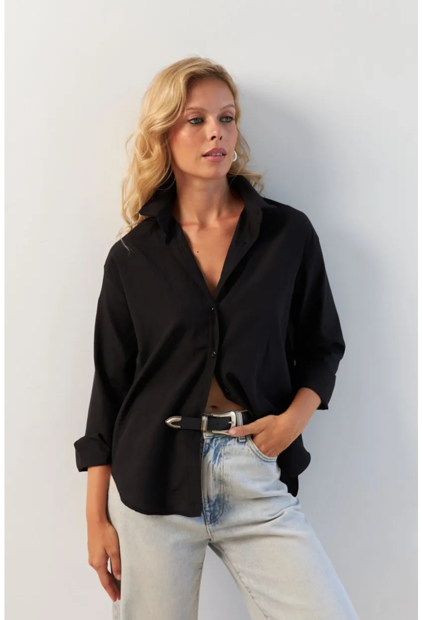 Kadın Siyah Basic Gömlek HNT02