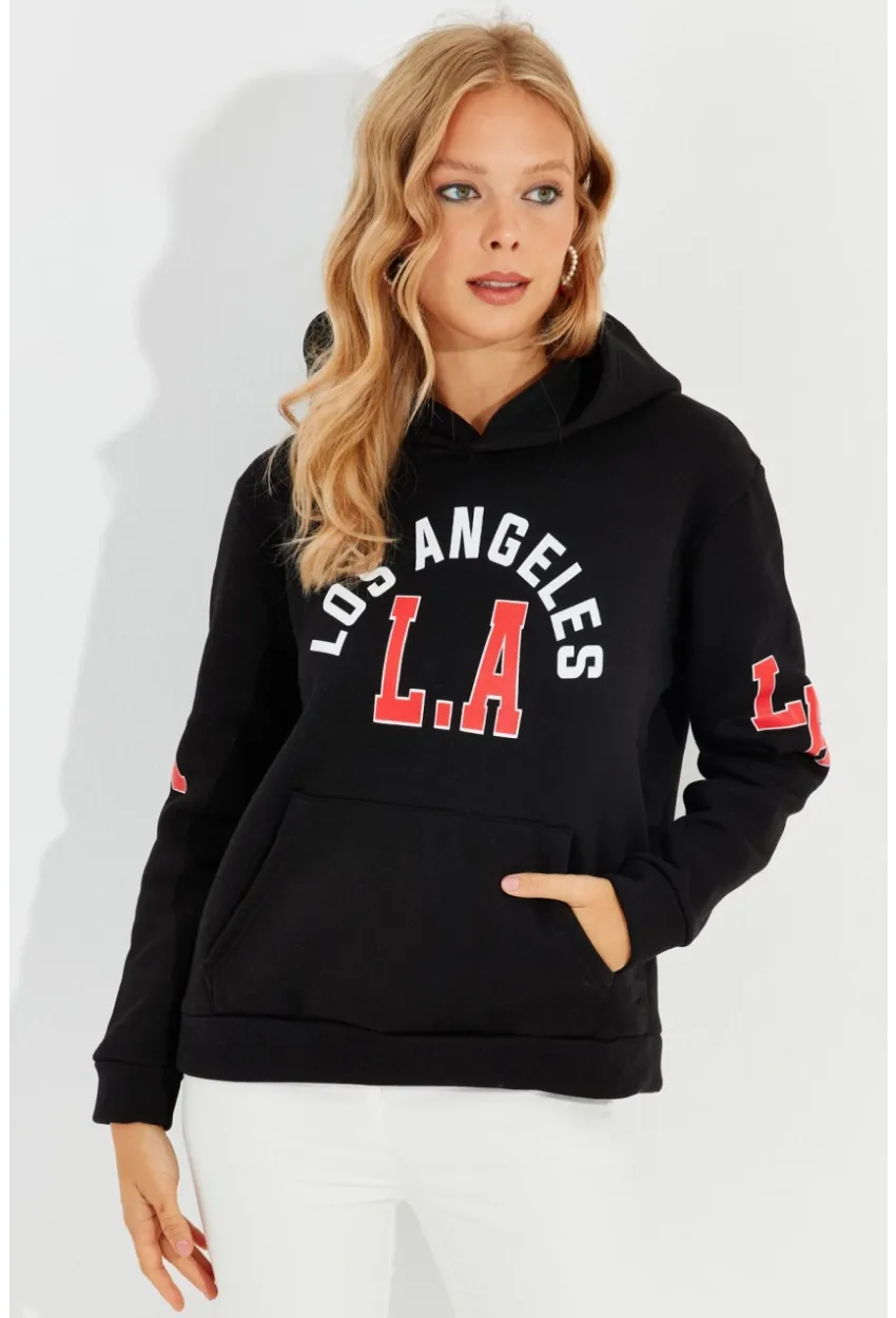 Kadın Siyah Baskılı Kapüşonlu Sweatshirt DA146