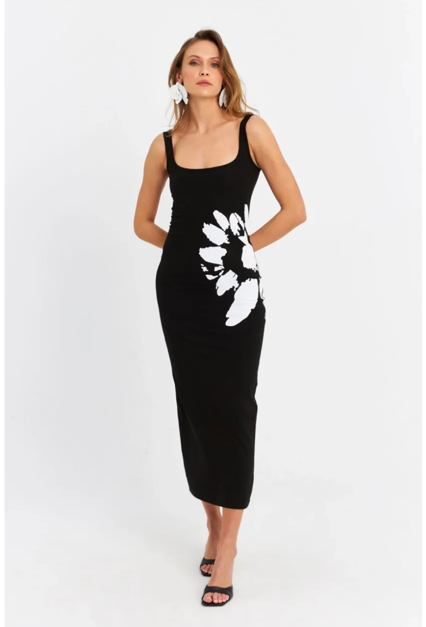 Kadın Siyah Baskılı Midi Elbise B5005-5