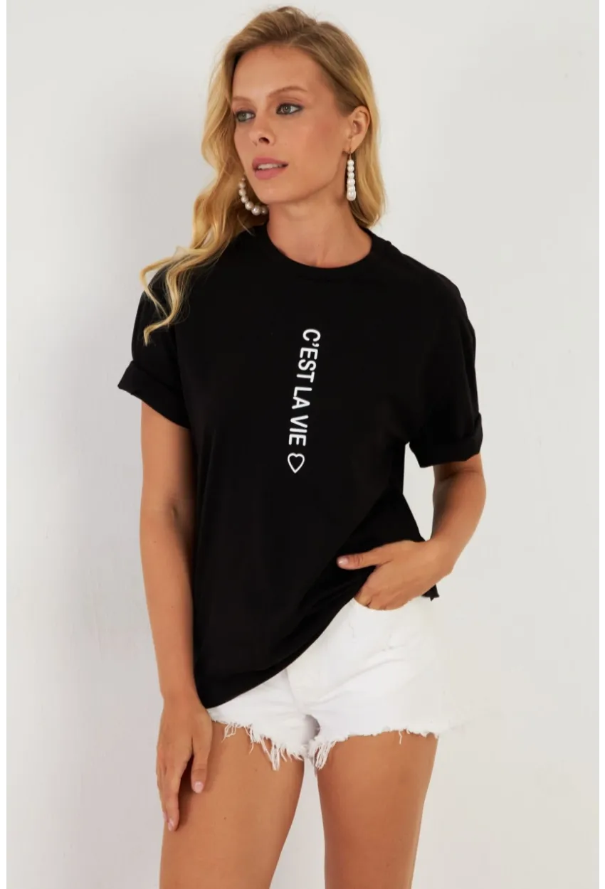 Kadın Siyah Baskılı T-Shirt AYD356