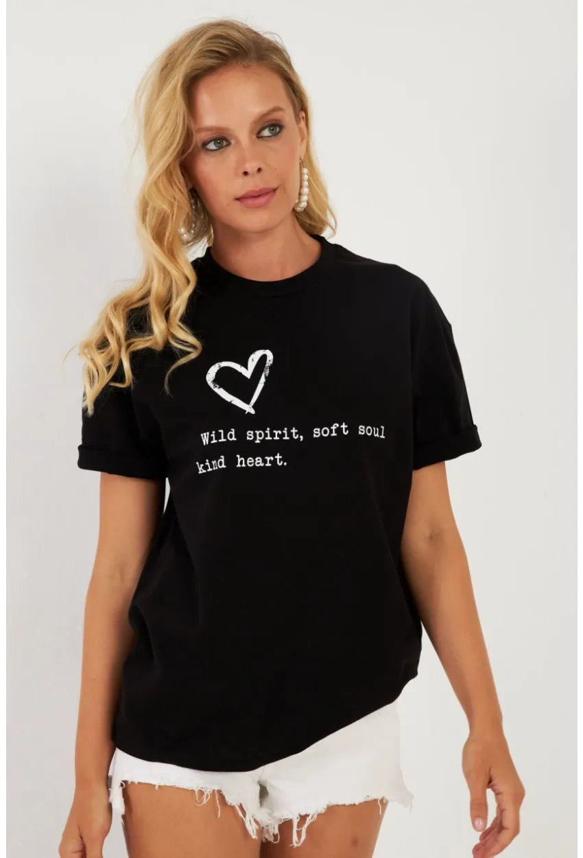 Kadın Siyah Baskılı T-Shirt AYD360