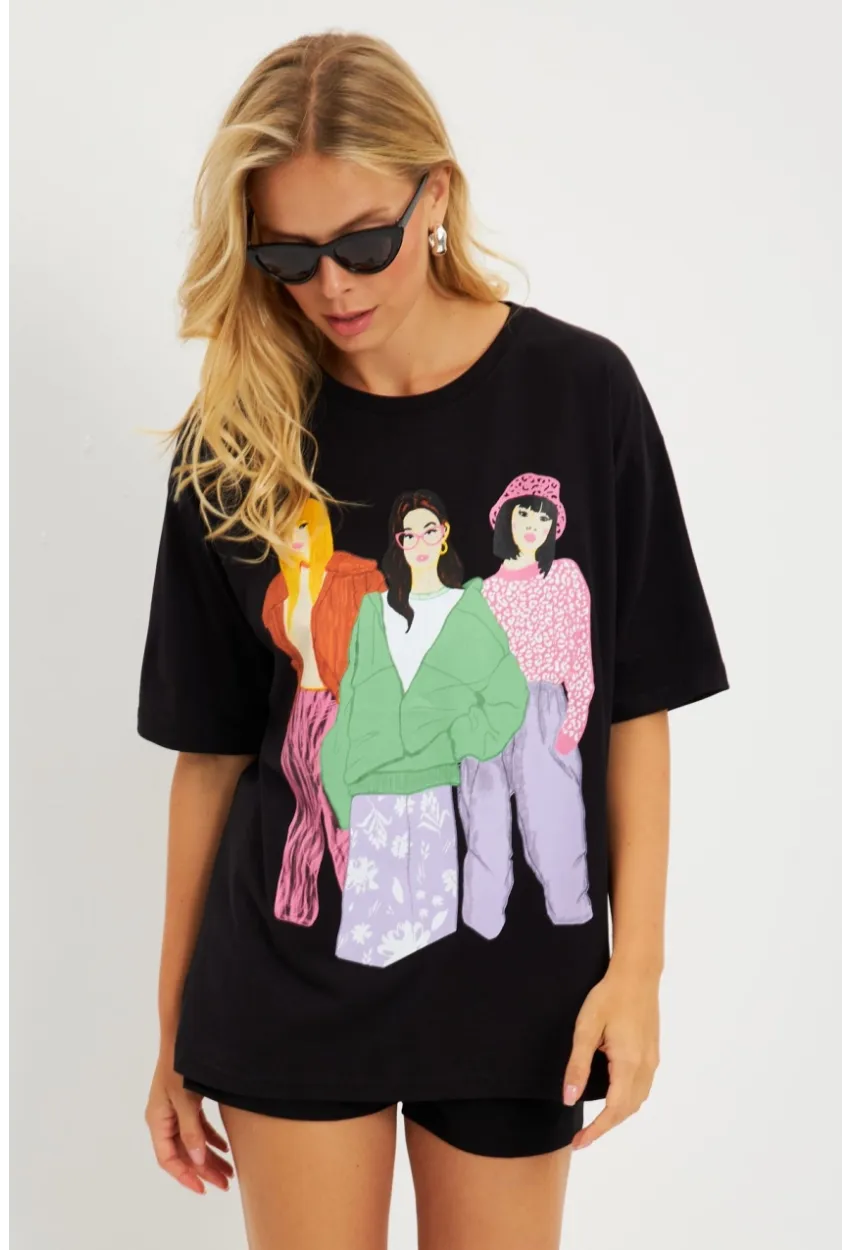 Kadın Siyah Baskılı T-Shirt DY1329
