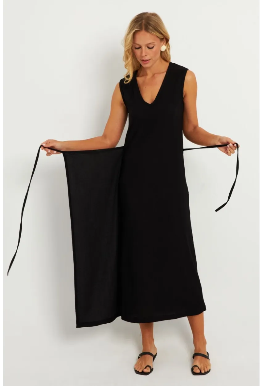 Kadın Siyah Bel Bağlamalı Bürümcük Midi Elbise EY2799