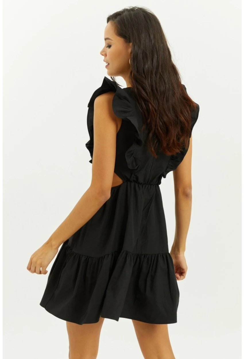 Kadın Siyah Bel Dekolteli Volanlı Mini Elbise SF1523