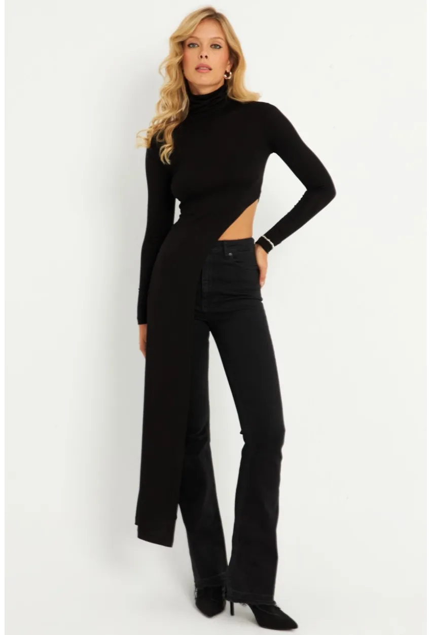 Kadın Siyah Beli Açık Asimetrik Balıkçı Uzun Bluz EY2902