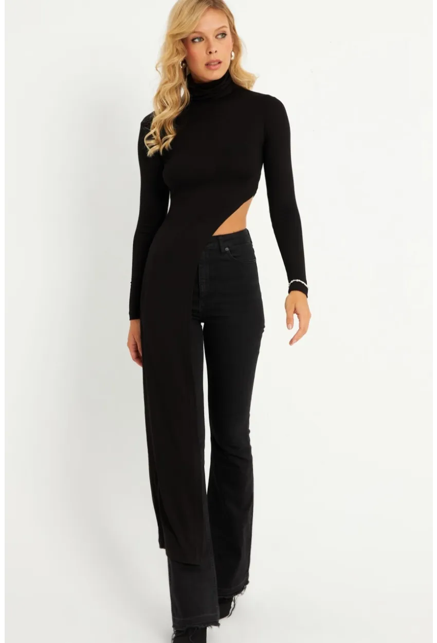 Kadın Siyah Beli Açık Asimetrik Balıkçı Uzun Bluz EY2902