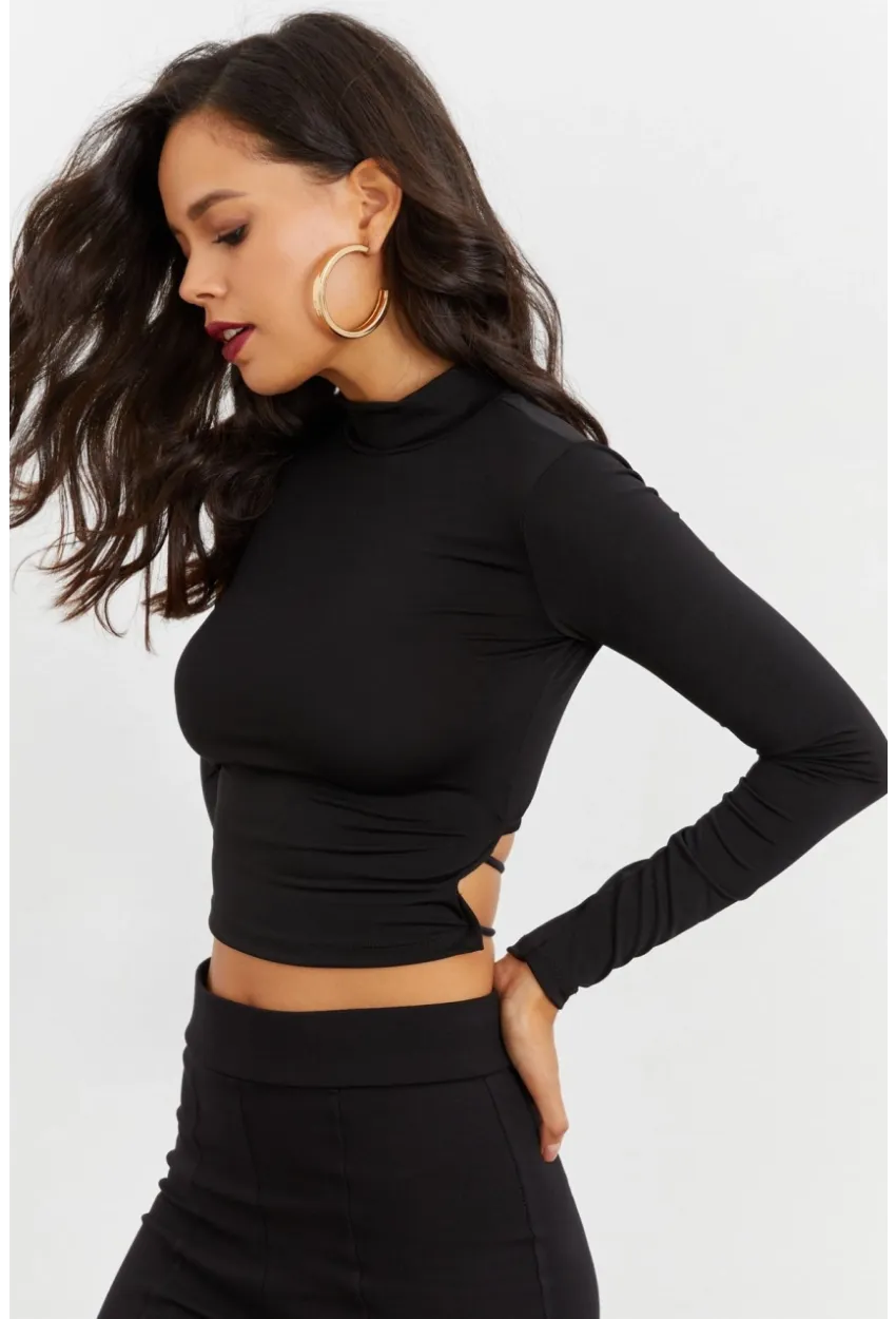 Kadın Siyah Beli Açık Crop Bluz GÇ115