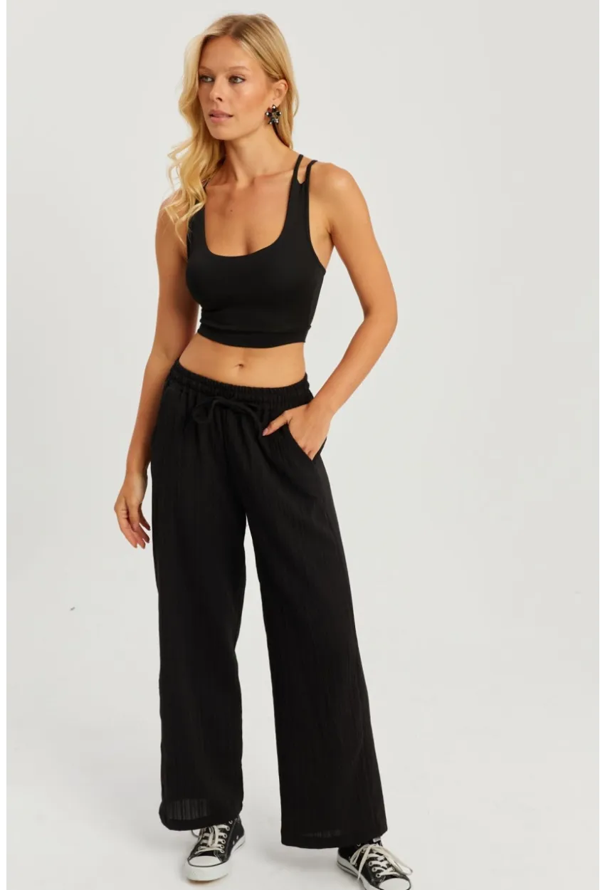 Kadın Siyah Beli Lastikli Bürümcük Pantolon ZER405