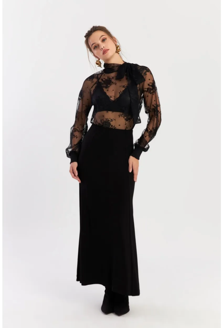 Kadın Siyah Beli Lastikli Evoze Maxi Etek EY2923