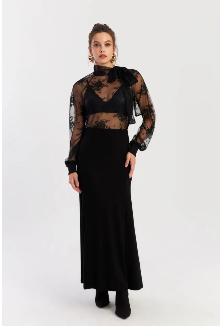 Kadın Siyah Beli Lastikli Evoze Maxi Etek EY2923