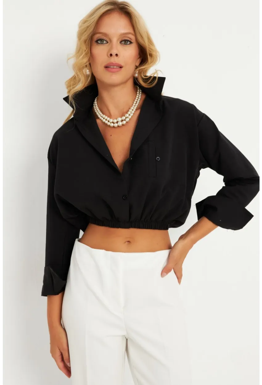 Kadın Siyah Beli Lastikli Gömlek ELT3835