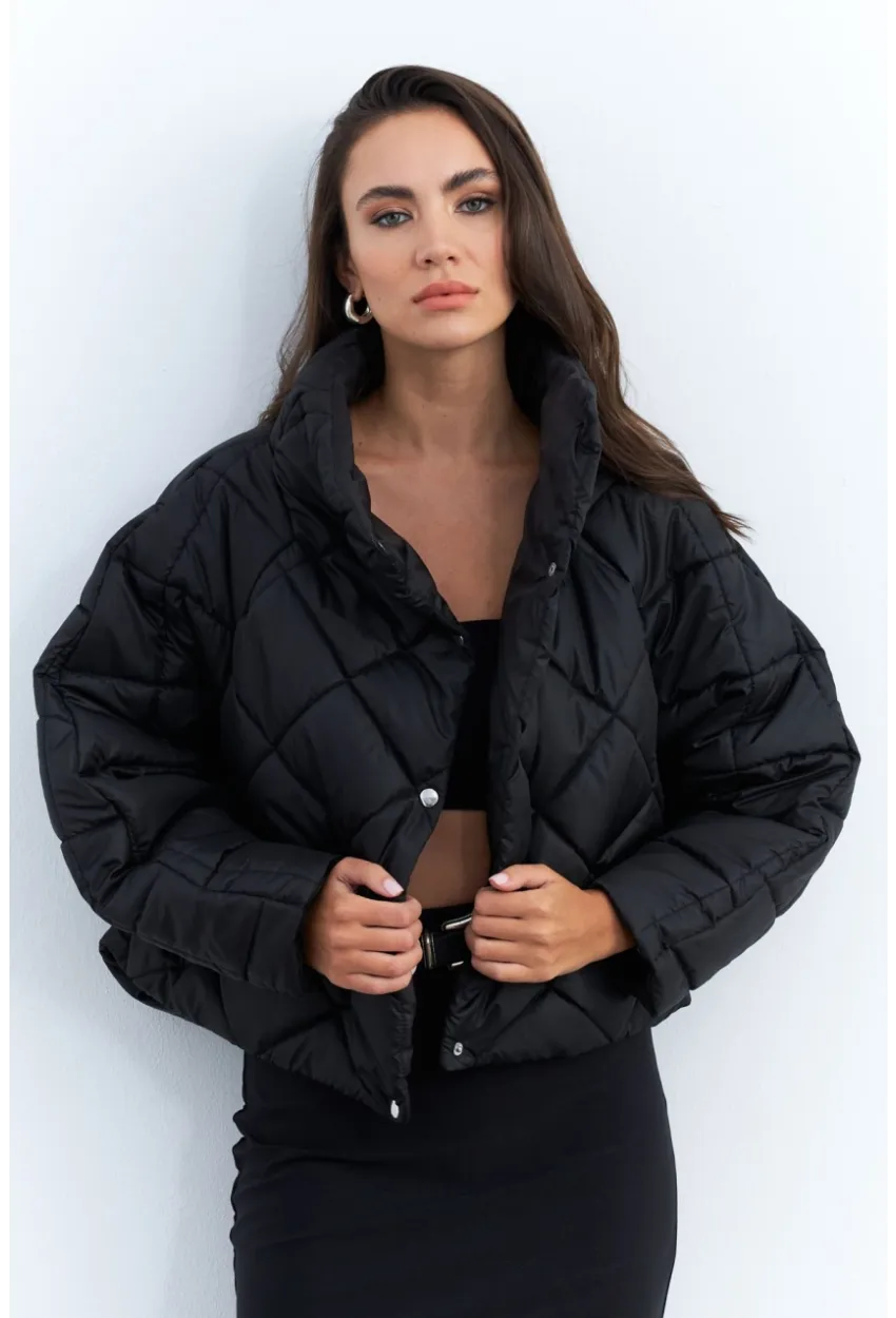 Kadın Siyah Beli Lastikli Yarasa Kol Şişme Mont MX11