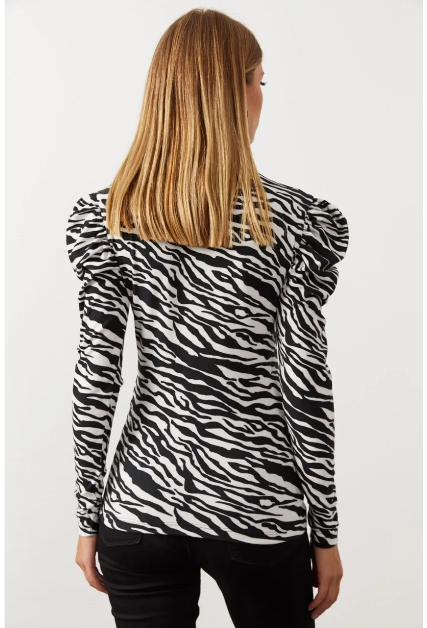 Kadın Siyah-Beyaz Balon Kol Zebra Desen Bluz EY1062
