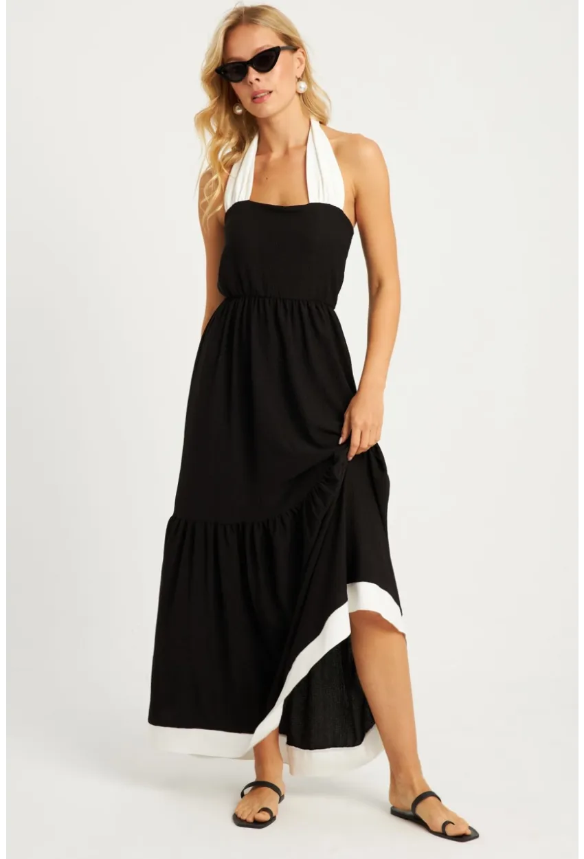 Kadın Siyah-Beyaz Bürümcük Volanlı Midi Elbise EY2836