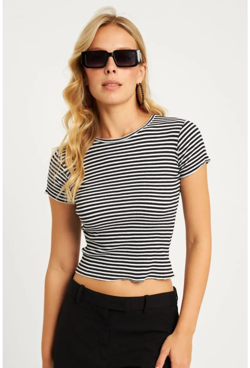 Kadın Siyah-Beyaz Çizgili Bluz XL2005