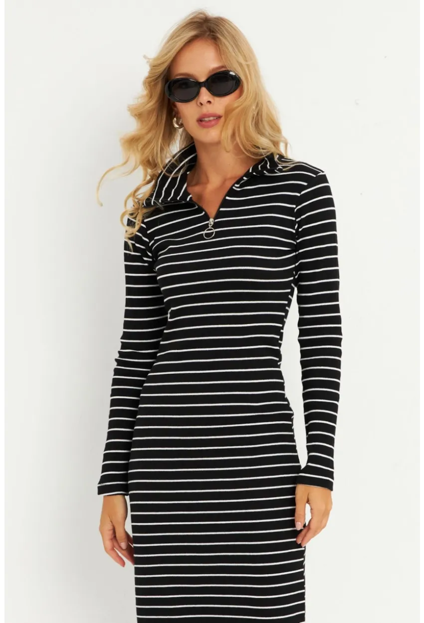Kadın Siyah-Beyaz Çizgili Kaşkorse Midi Elbise YLE43