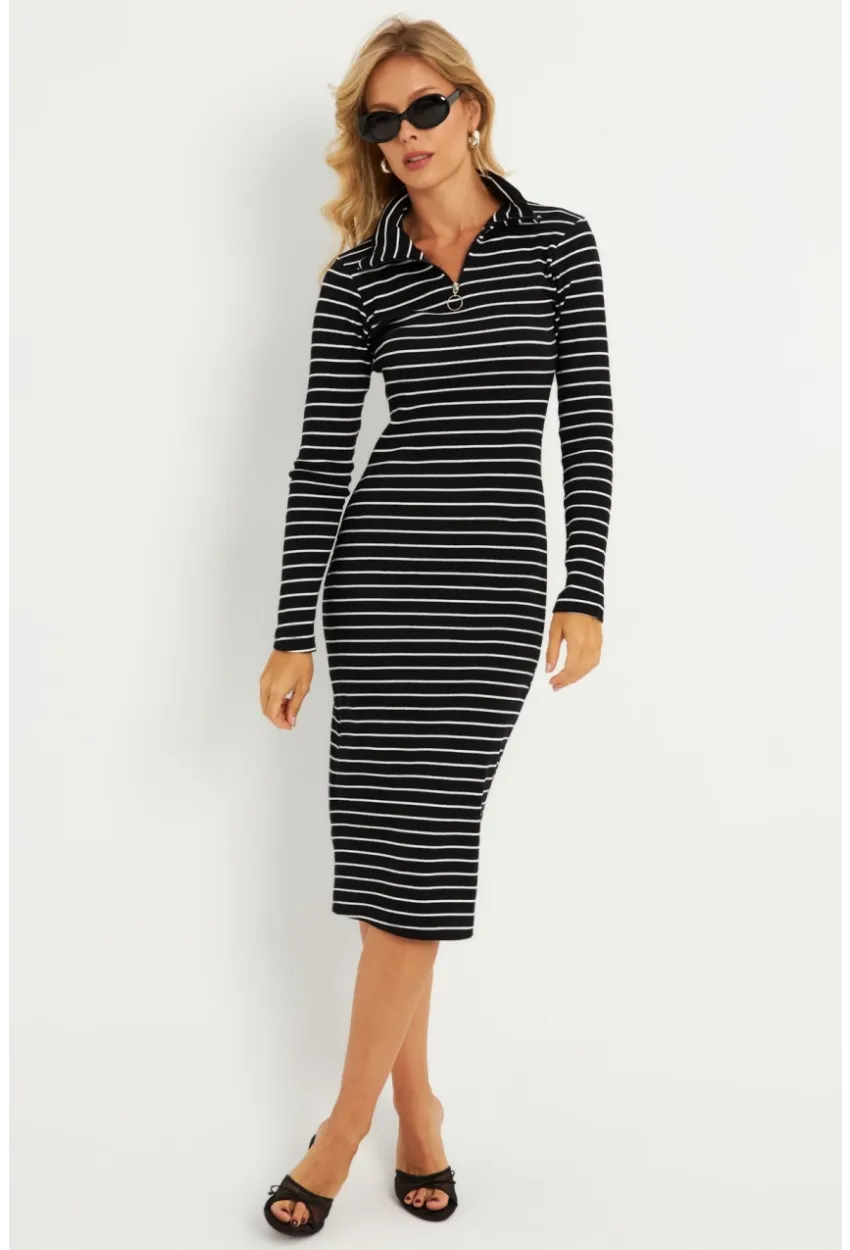 Kadın Siyah-Beyaz Çizgili Kaşkorse Midi Elbise YLE43