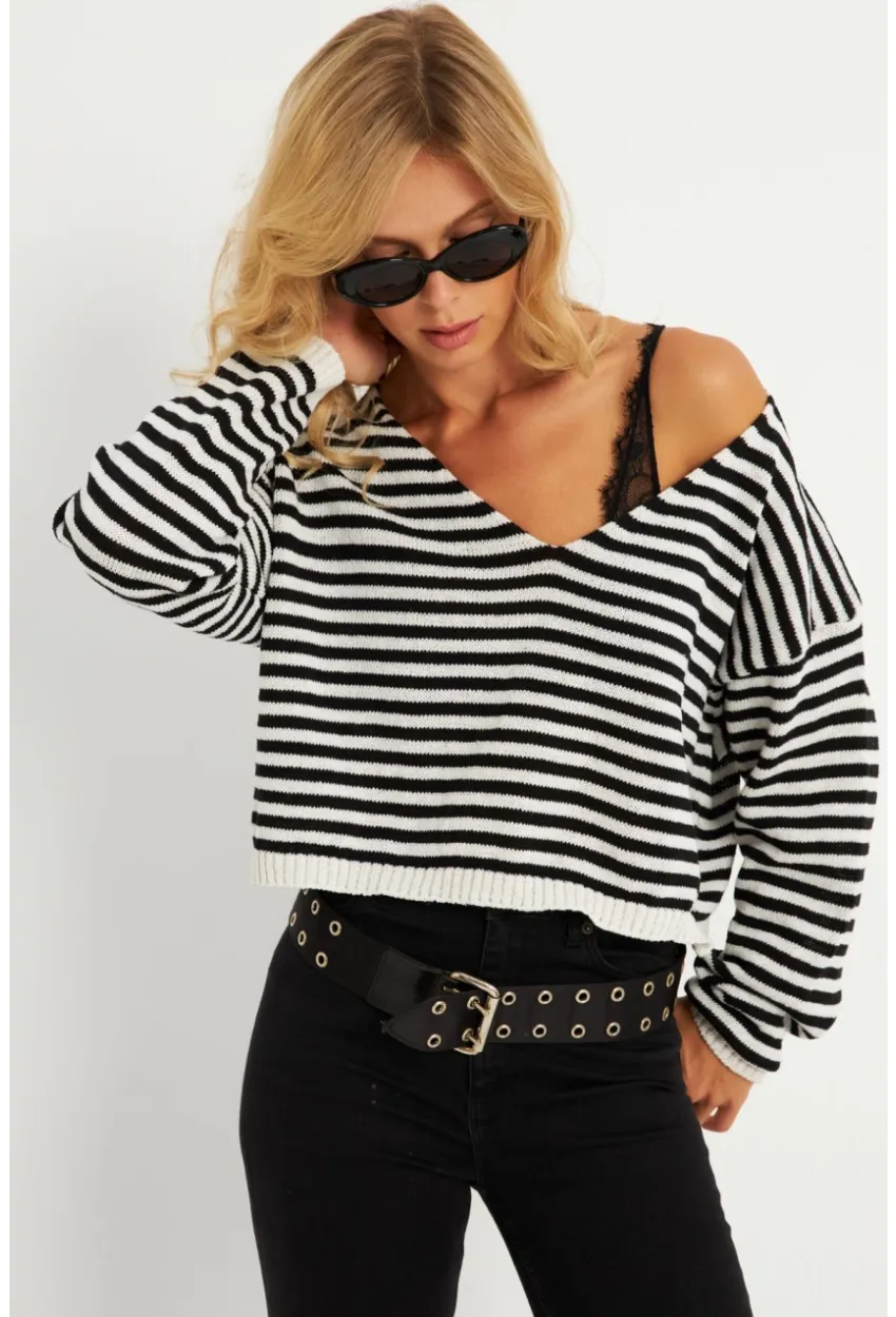 Kadın Siyah-Beyaz Çizgili Triko Bluz YV278