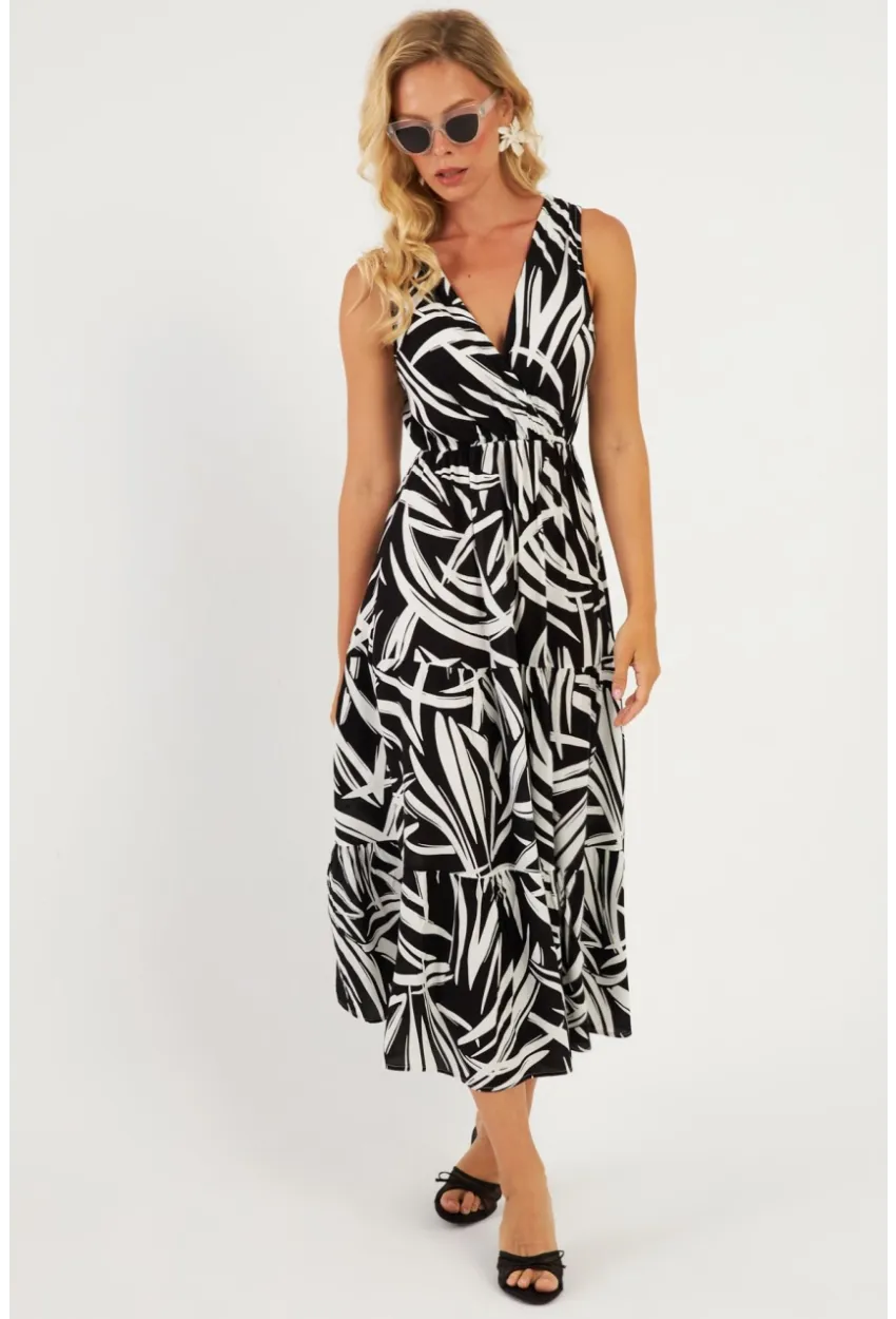 Kadın Siyah-Beyaz Desenli Kruvaze Midi Elbise YZ634