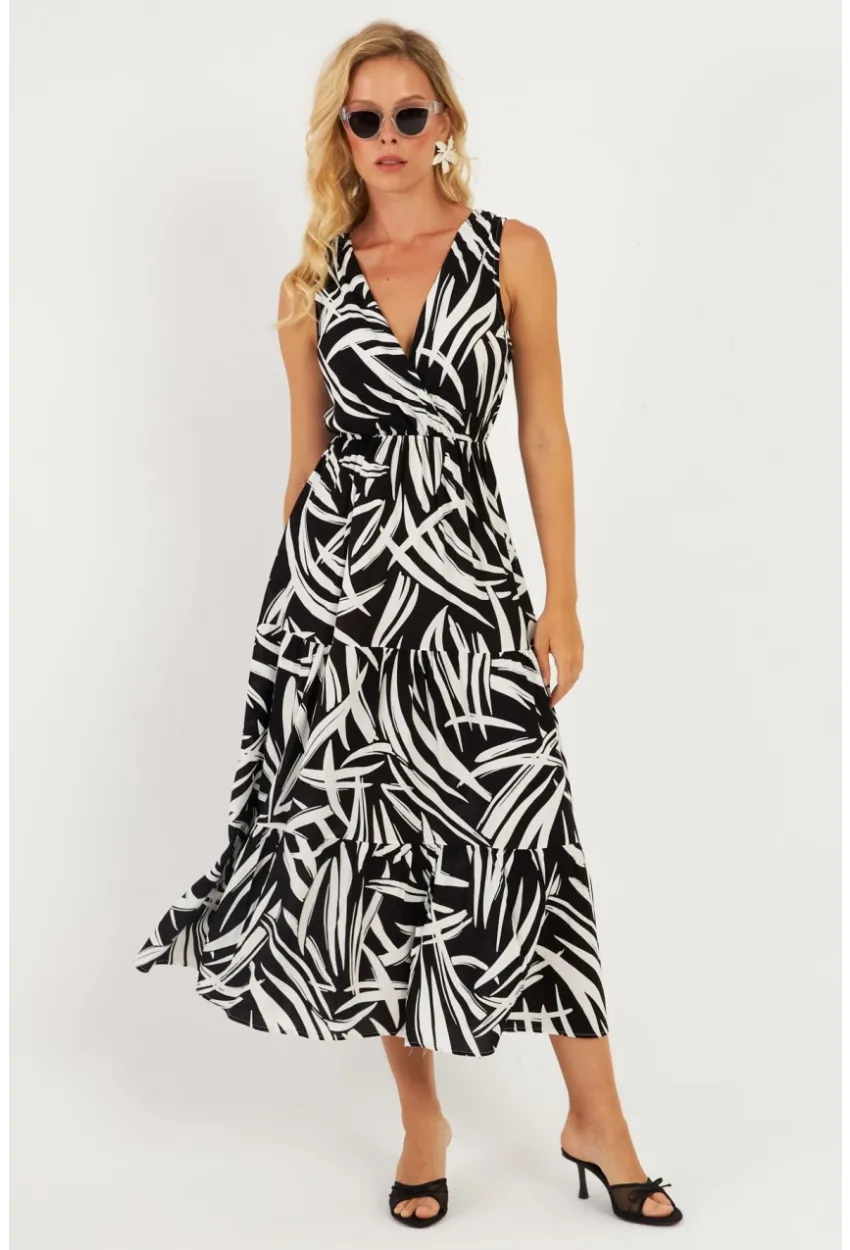 Kadın Siyah-Beyaz Desenli Kruvaze Midi Elbise YZ634