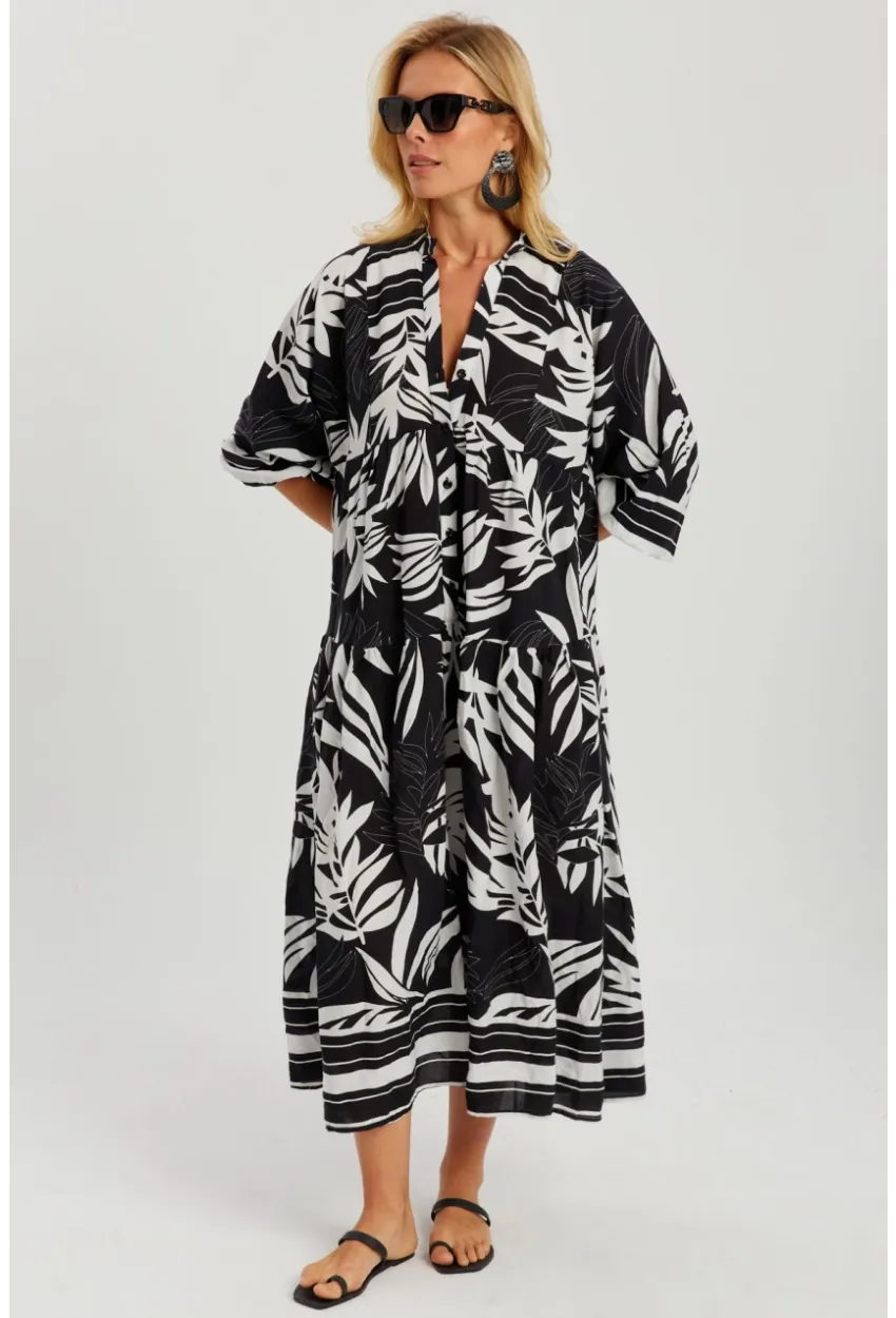 Kadın Siyah-Beyaz Desenli Salaş Maxi Elbise GÇ166