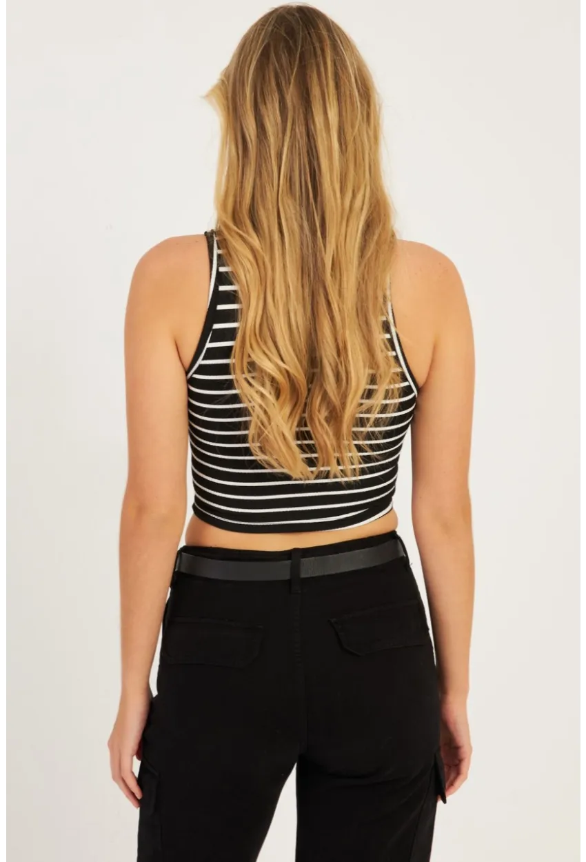 Kadın Siyah-Beyaz İkili Çizgili Crop Bluz CG346