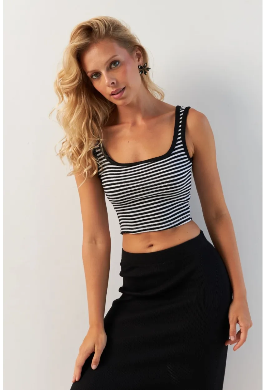 Kadın Siyah-Beyaz Kare Yaka Çizgili Bluz XL2036