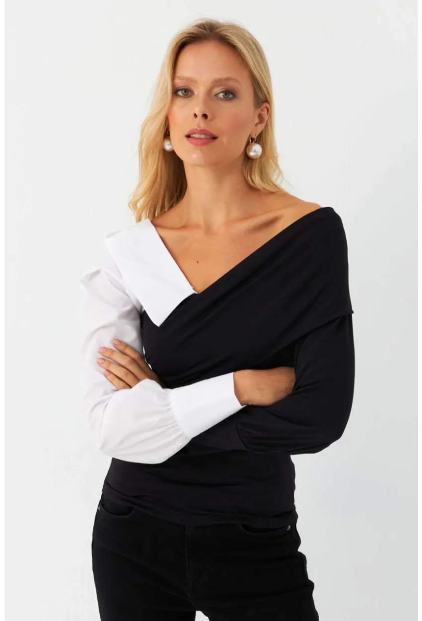 Kadın Siyah-Beyaz Kruvaze Bluz LİK8
