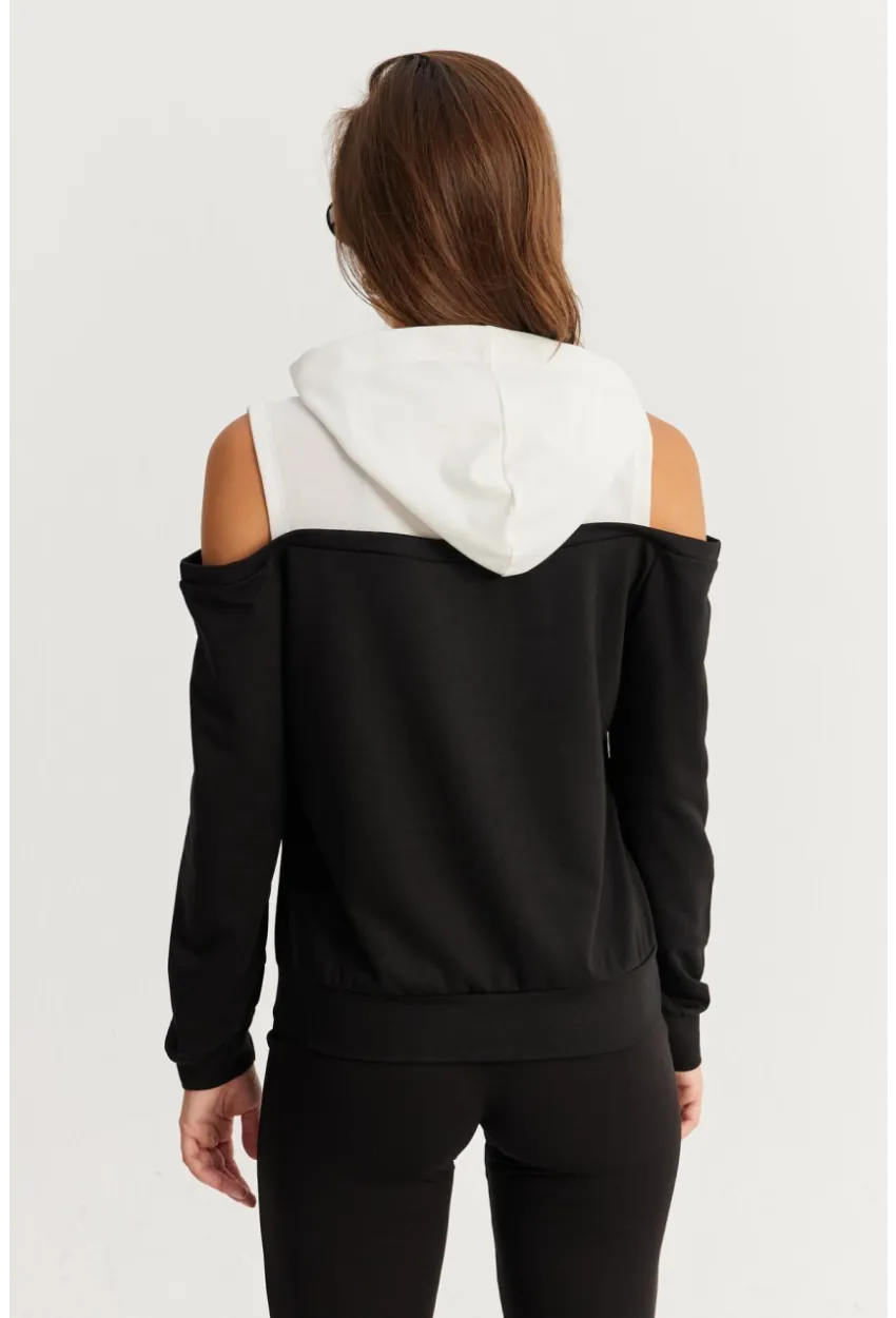 Kadın Siyah-Beyaz Omuzları Açık Sweatshirt TF15