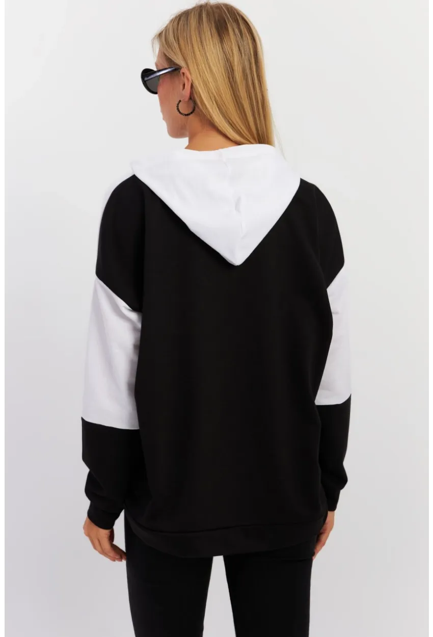 Kadın Siyah-Beyaz Renk Bloklu Kapüşonlu Sweatshirt DA148