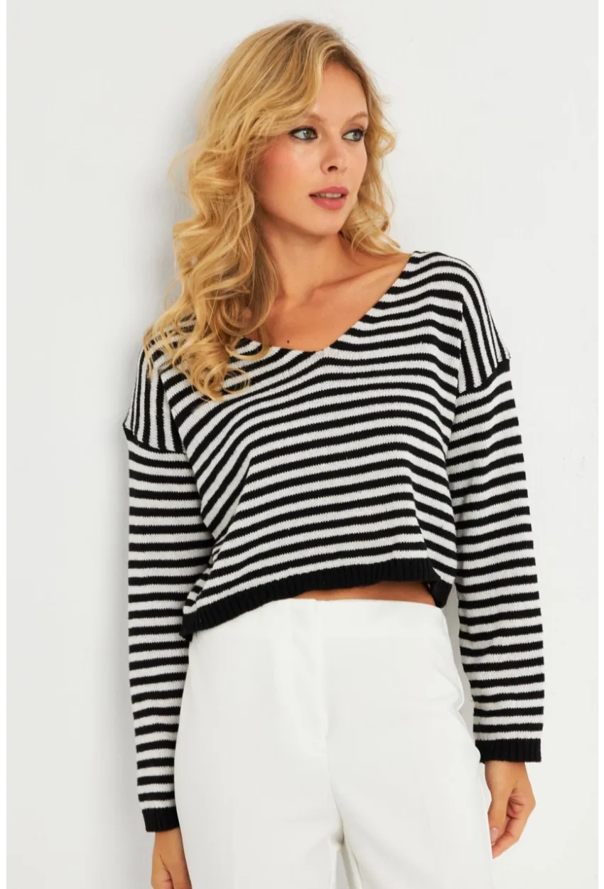 Kadın Siyah-Beyaz V Yaka Çizgili Bluz YV280