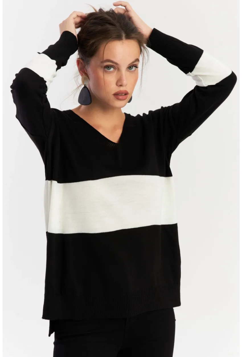 Kadın Siyah-Beyaz V Yaka Triko Bluz YİL555