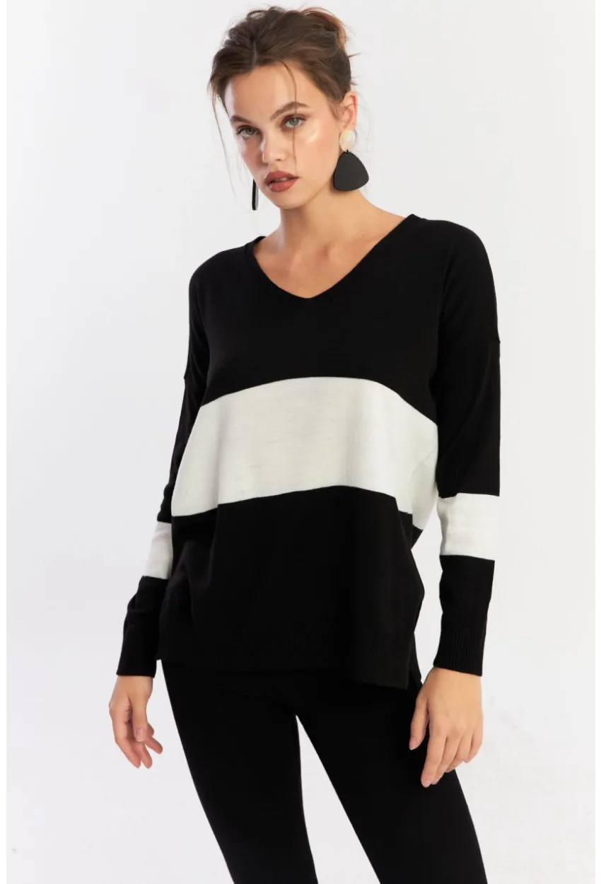 Kadın Siyah-Beyaz V Yaka Triko Bluz YİL555